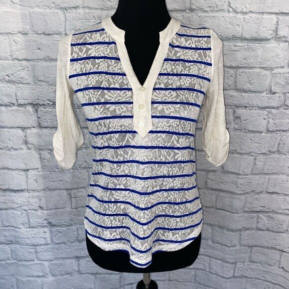 BCX women XS semi sheer 3/4 sleeve top w/floral and stripe print - Picture 1 of 10